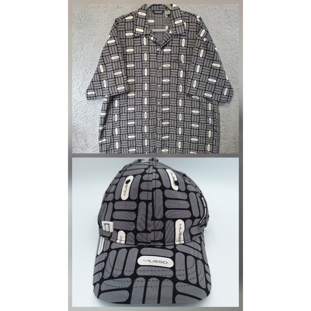Musso Platinum Cap & Shirt Mens XL Gray Patterned Classic Fit Collared Button Up